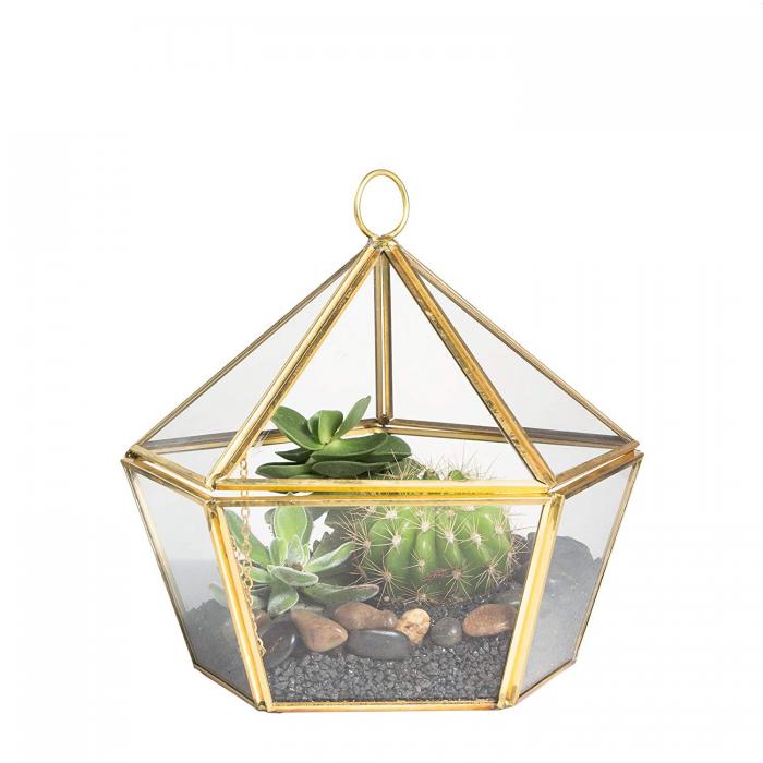 Modern Artistic Brass Copper Clear Glass Jewel-boxed Pentagon Shape Glass Geometric Terrarium Succulent Planter Closed Plant Container
